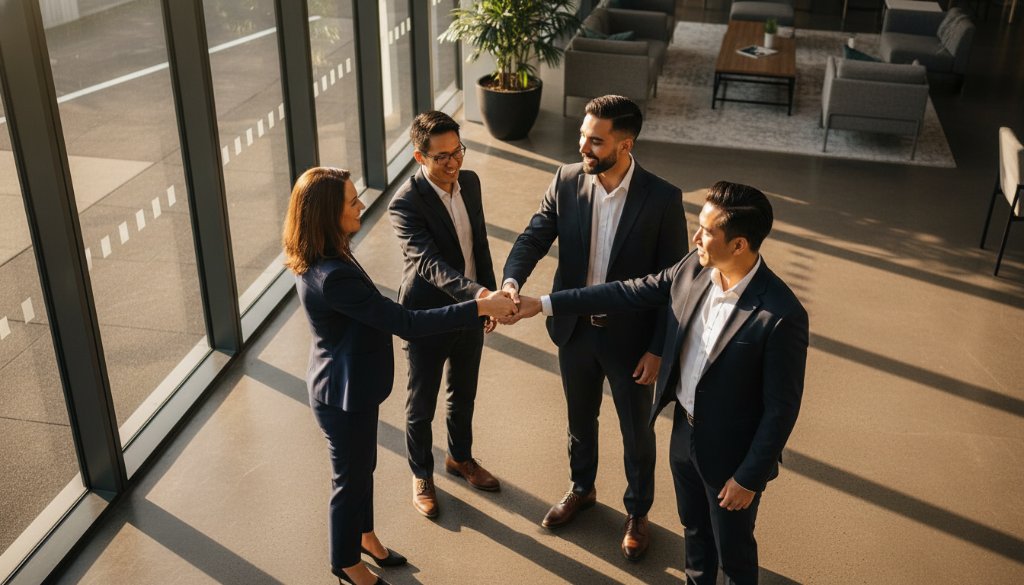 A dynamic, cinematic close-up of a diverse professional group in a modern Cranbourne East office lobby, showcasing authentic team collaboration and individual confidence. The light highlights their expressions, symbolizing strong professional corporate headshots Cranbourne East businesses for a thriving brand identity.