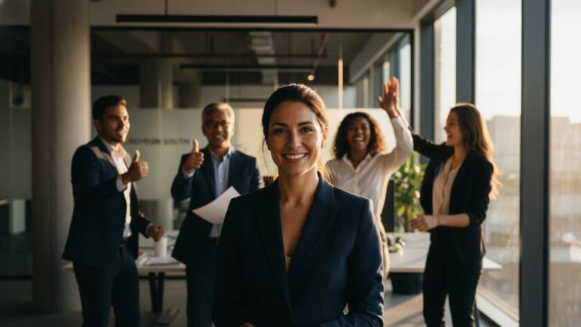 A dynamic, cinematic close-up of a diverse professional group in Croydon South, Victoria, celebrating a successful project launch, with one individual's confident smile highlighted by dramatic backlighting, embodying the essence of professional corporate headshots Croydon South.