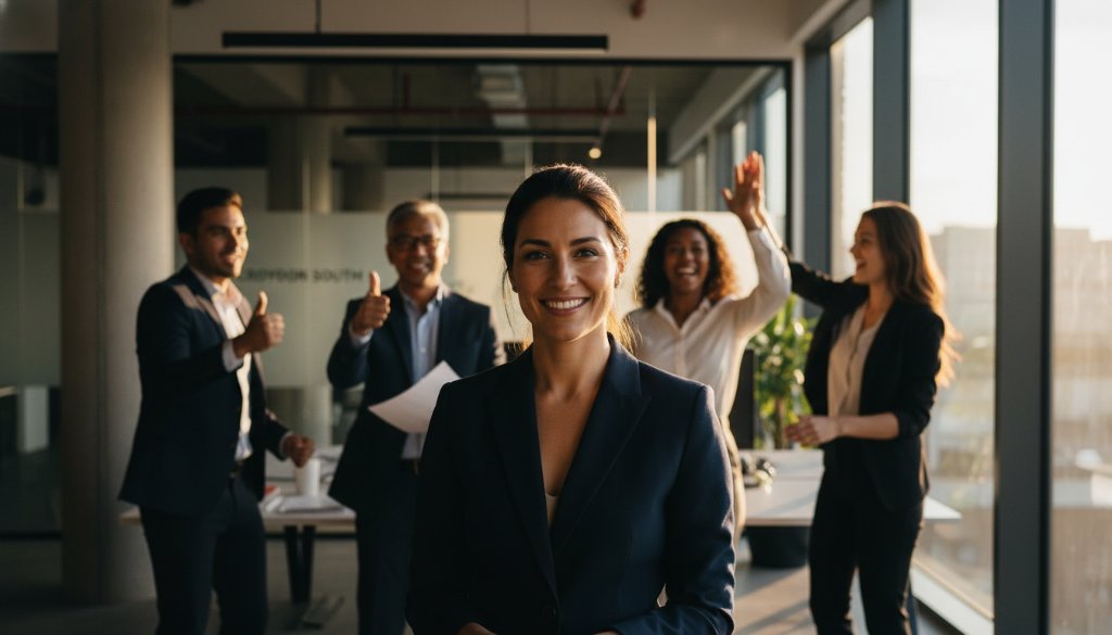 A dynamic, cinematic close-up of a diverse professional group in Croydon South, Victoria, celebrating a successful project launch, with one individual's confident smile highlighted by dramatic backlighting, embodying the essence of professional corporate headshots Croydon South.