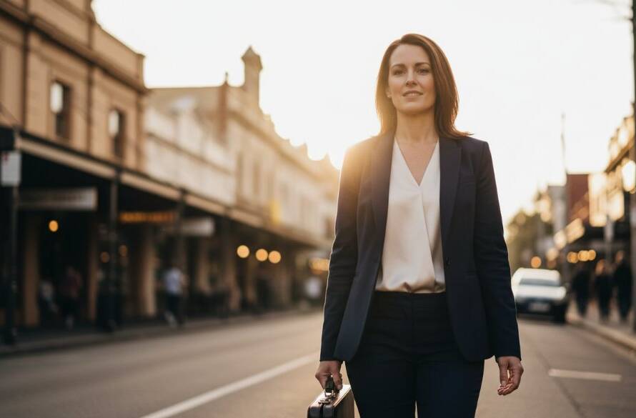 Dynamic professional corporate headshots Elsternwick Victoria for modern businesses, capturing a diverse team member with a vibrant, blurred Elsternwick streetscape in the background at sunset, showcasing ambition and local connection.