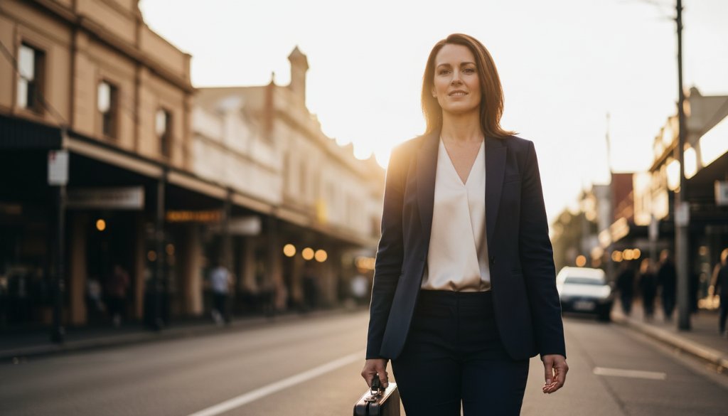 Dynamic professional corporate headshots Elsternwick Victoria for modern businesses, capturing a diverse team member with a vibrant, blurred Elsternwick streetscape in the background at sunset, showcasing ambition and local connection.