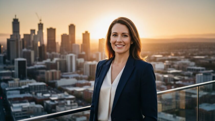 A smiling professional business leader receiving 'Professional Corporate Headshots Eureka Victoria Businesses', captured in a sunlit modern office with a view of Eureka's vibrant community, showcasing confidence and approachability.