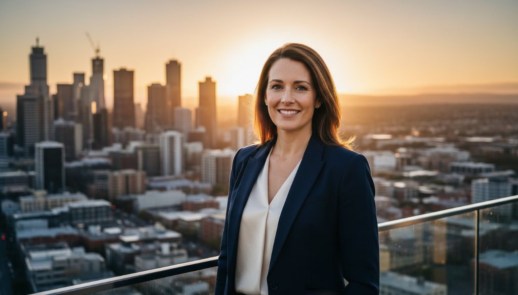 A smiling professional business leader receiving 'Professional Corporate Headshots Eureka Victoria Businesses', captured in a sunlit modern office with a view of Eureka's vibrant community, showcasing confidence and approachability.