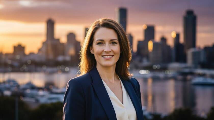 Dramatic, high-contrast photograph of a confident male professional in a modern suit, looking directly at the camera with a warm smile, set against a softly blurred, sophisticated Frankston cityscape at sunset, highlighting the excellence of professional corporate headshots Frankston Victoria, with cinematic lighting and deep colours.