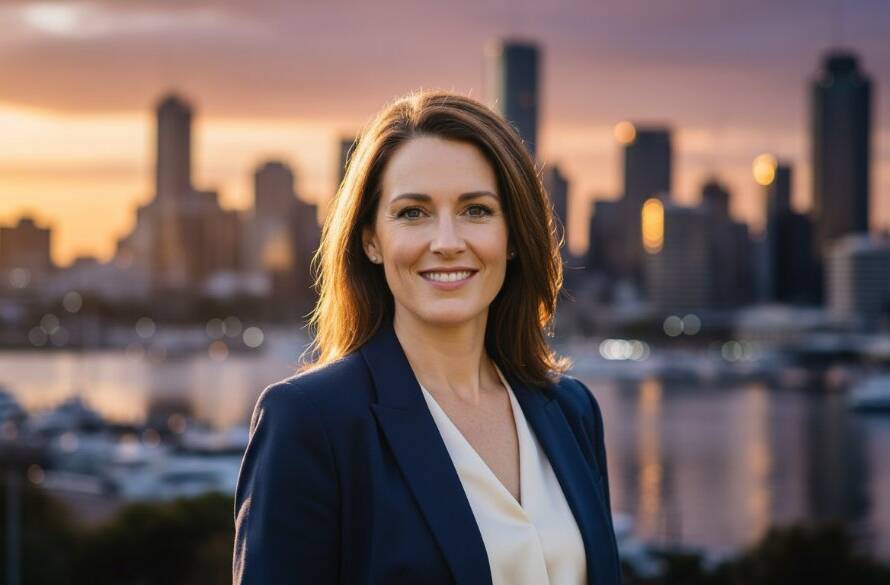 Dramatic, high-contrast photograph of a confident male professional in a modern suit, looking directly at the camera with a warm smile, set against a softly blurred, sophisticated Frankston cityscape at sunset, highlighting the excellence of professional corporate headshots Frankston Victoria, with cinematic lighting and deep colours.