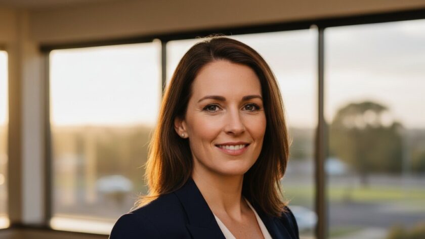 A confident Horsham business professional, captured in a dramatic, high-key close-up shot, showcasing their leadership and approachability. This professional corporate headshots Horsham Victoria image highlights a compelling epic moment of a leader in their element, with sharp focus and warm, inviting tones.
