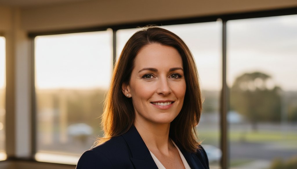 A confident Horsham business professional, captured in a dramatic, high-key close-up shot, showcasing their leadership and approachability. This professional corporate headshots Horsham Victoria image highlights a compelling epic moment of a leader in their element, with sharp focus and warm, inviting tones.