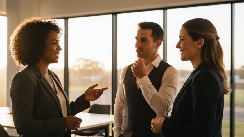 Dynamic professional corporate headshots in Junction Village, Victoria, featuring a diverse group of business professionals in a modern, collaborative office space, bathed in golden hour light, conveying professionalism and success.
