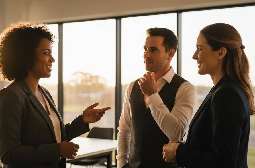 Dynamic professional corporate headshots in Junction Village, Victoria, featuring a diverse group of business professionals in a modern, collaborative office space, bathed in golden hour light, conveying professionalism and success.