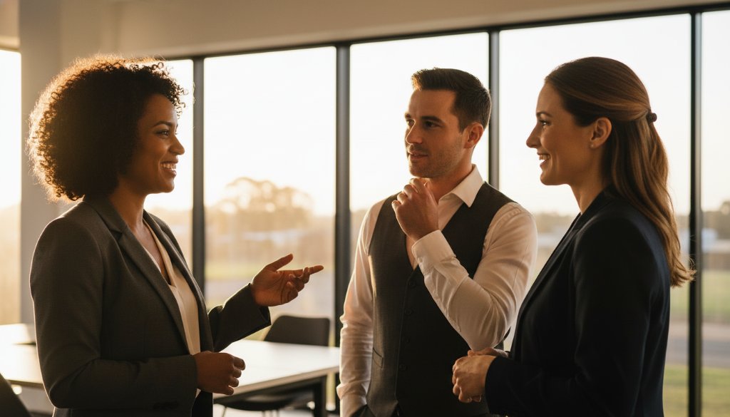 Dynamic professional corporate headshots in Junction Village, Victoria, featuring a diverse group of business professionals in a modern, collaborative office space, bathed in golden hour light, conveying professionalism and success.