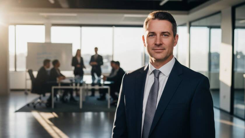 A confident female executive, professionally dressed in a stylish blazer, smiles warmly while standing against a modern, subtly blurred office backdrop in Keilor Park, bathed in soft, professional corporate headshots Keilor Park Victoria lighting, conveying approachability and expertise. Her gaze is direct and inviting, capturing an an epic moment of poised professionalism.