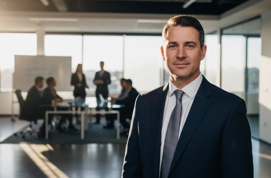 A confident female executive, professionally dressed in a stylish blazer, smiles warmly while standing against a modern, subtly blurred office backdrop in Keilor Park, bathed in soft, professional corporate headshots Keilor Park Victoria lighting, conveying approachability and expertise. Her gaze is direct and inviting, capturing an an epic moment of poised professionalism.