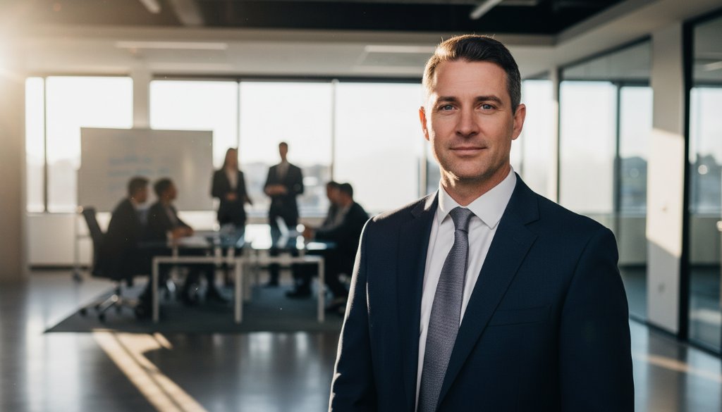 A confident female executive, professionally dressed in a stylish blazer, smiles warmly while standing against a modern, subtly blurred office backdrop in Keilor Park, bathed in soft, professional corporate headshots Keilor Park Victoria lighting, conveying approachability and expertise. Her gaze is direct and inviting, capturing an an epic moment of poised professionalism.