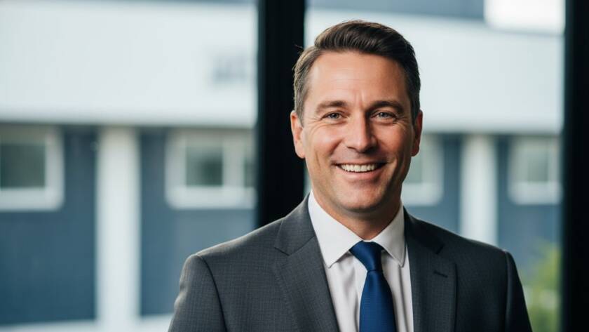 Dynamic close-up portrait featuring a confident business professional against a soft, modern office backdrop in Knoxfield, Victoria, bathed in dramatic studio lighting, showcasing the expertise in professional corporate headshots Knoxfield Victoria.