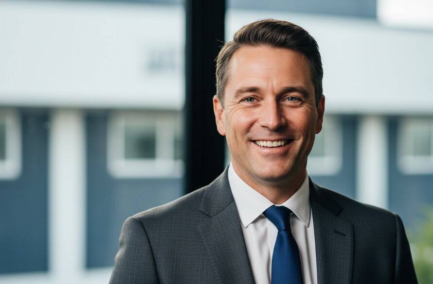 Dynamic close-up portrait featuring a confident business professional against a soft, modern office backdrop in Knoxfield, Victoria, bathed in dramatic studio lighting, showcasing the expertise in professional corporate headshots Knoxfield Victoria.