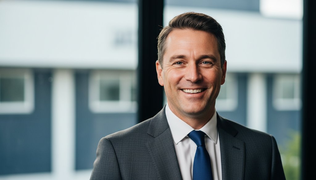 Dynamic close-up portrait featuring a confident business professional against a soft, modern office backdrop in Knoxfield, Victoria, bathed in dramatic studio lighting, showcasing the expertise in professional corporate headshots Knoxfield Victoria.