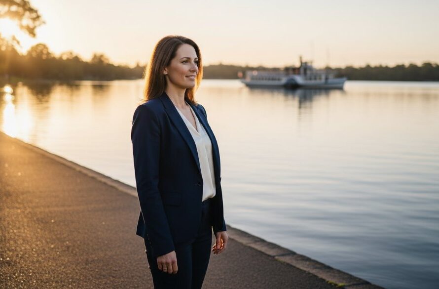 A dynamic, candid portrait capturing a successful professional near the calm waters of Lake Wendouree, showcasing the elegance of Professional Corporate Headshots Lake Wendouree Victoria. Dramatic golden hour light illuminates their confident expression, with the iconic P.S. Paddle Steamer visible in the soft-focused background, exuding professionalism and local charm.