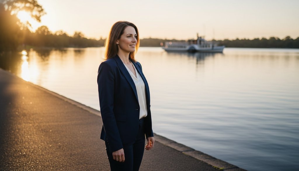 A dynamic, candid portrait capturing a successful professional near the calm waters of Lake Wendouree, showcasing the elegance of Professional Corporate Headshots Lake Wendouree Victoria. Dramatic golden hour light illuminates their confident expression, with the iconic P.S. Paddle Steamer visible in the soft-focused background, exuding professionalism and local charm.