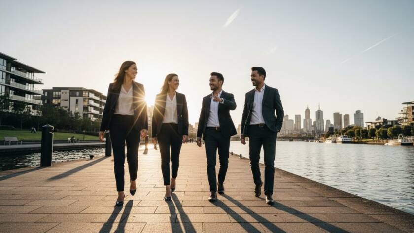 A dynamic, low-angle shot of a diverse business team in modern office attire, captured during golden hour on the Maribyrnong River waterfront, showcasing their collaborative energy and professional corporate headshots Maribyrnong businesses can aspire to, with dramatic lens flare and cinematic colour grading.