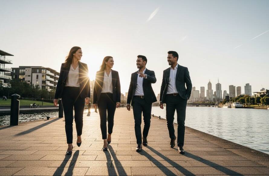 A dynamic, low-angle shot of a diverse business team in modern office attire, captured during golden hour on the Maribyrnong River waterfront, showcasing their collaborative energy and professional corporate headshots Maribyrnong businesses can aspire to, with dramatic lens flare and cinematic colour grading.