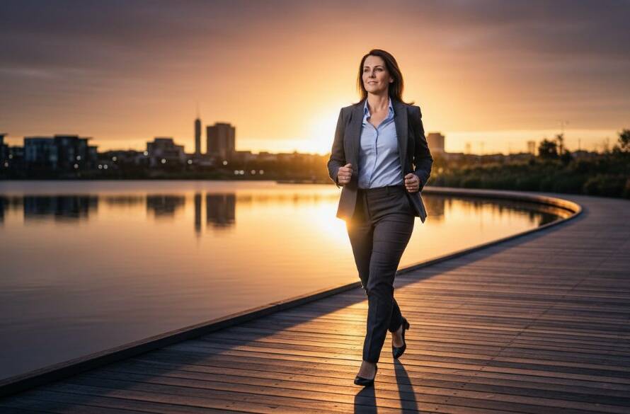 An inspiring professional corporate headshots Melton West Victoria image showing a confident business executive silhouetted against a golden sunset over Lake Caroline, radiating success and professionalism, captured with dramatic lighting and cinematic colour grading.
