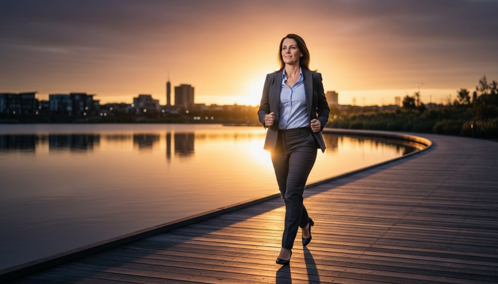 An inspiring professional corporate headshots Melton West Victoria image showing a confident business executive silhouetted against a golden sunset over Lake Caroline, radiating success and professionalism, captured with dramatic lighting and cinematic colour grading.