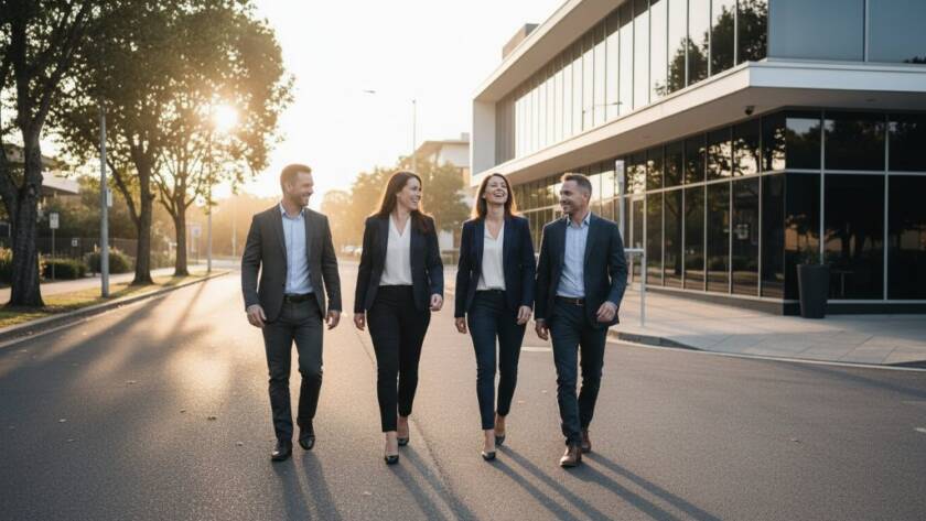 A confident Murrumbeena business executive, mid-stride and smiling, captured in an epic moment during a professional corporate headshots Murrumbeena businesses session, with modern office architecture in the background, bathed in dramatic side lighting, conveying professionalism and approachability.