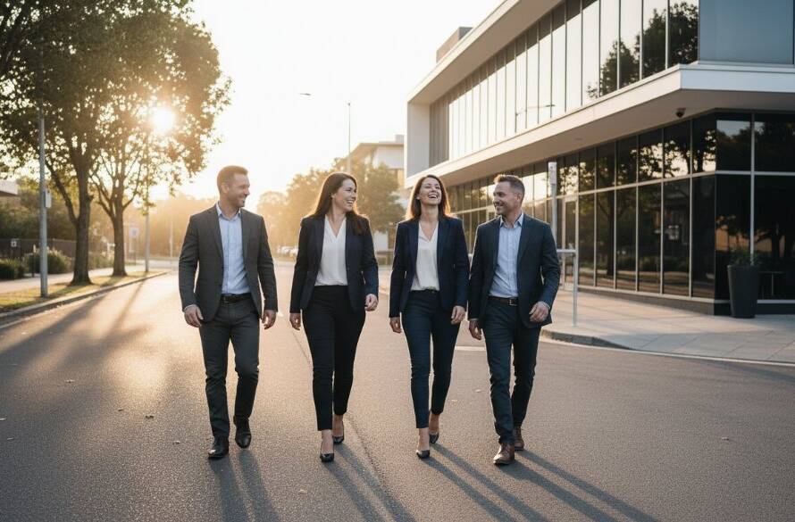 A confident Murrumbeena business executive, mid-stride and smiling, captured in an epic moment during a professional corporate headshots Murrumbeena businesses session, with modern office architecture in the background, bathed in dramatic side lighting, conveying professionalism and approachability.