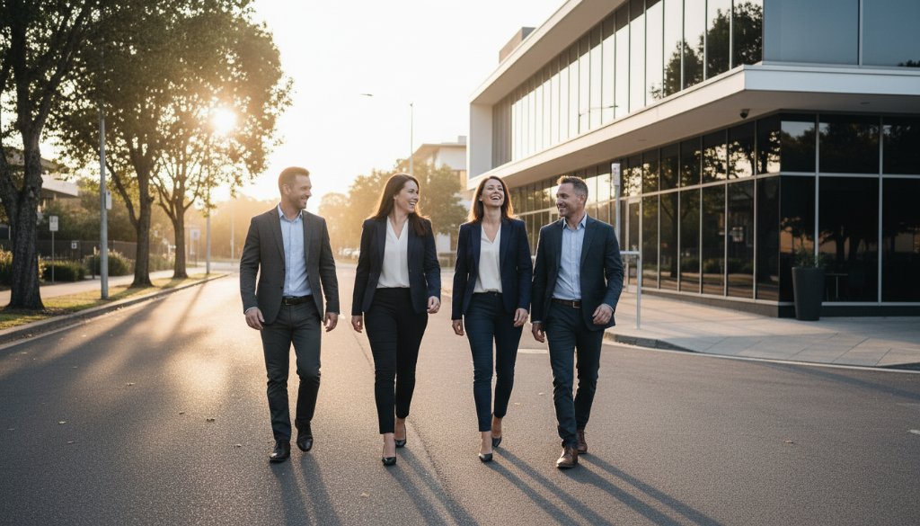 A confident Murrumbeena business executive, mid-stride and smiling, captured in an epic moment during a professional corporate headshots Murrumbeena businesses session, with modern office architecture in the background, bathed in dramatic side lighting, conveying professionalism and approachability.