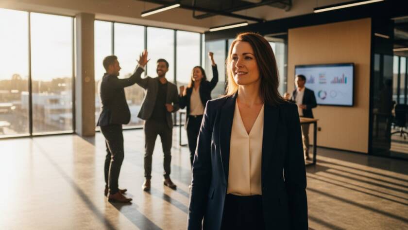 Dramatic, cinematic shot of a diverse group of professionals from Point Cook Victoria, confidently smiling in a modern office space, bathed in golden hour light, reflecting the excellence achieved through professional corporate headshots Point Cook Victoria.