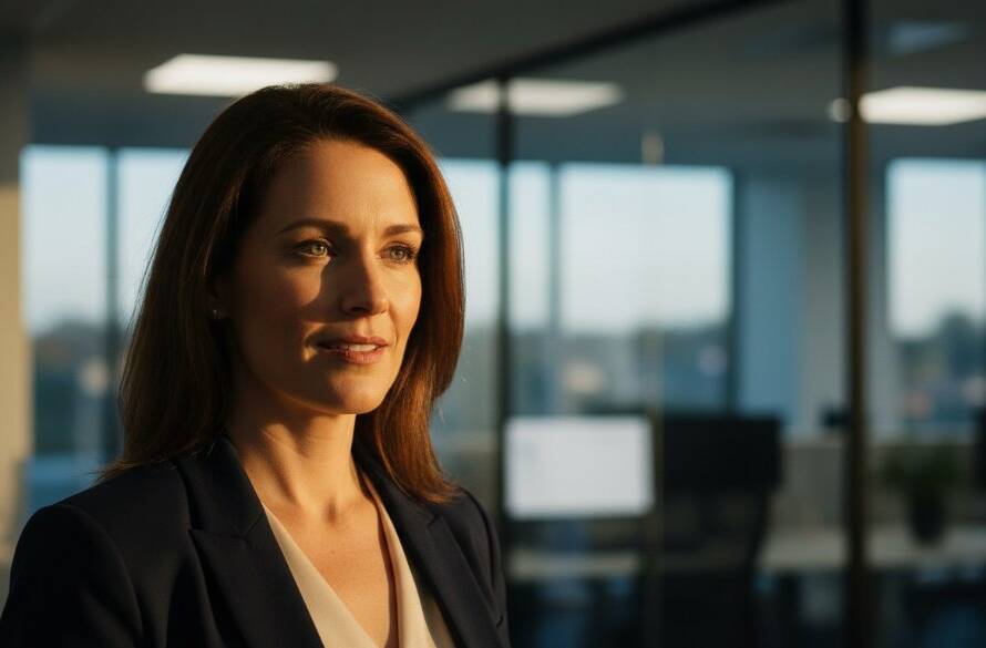 Professional Corporate Headshots Ringwood East Victoria: A dynamic, close-up portrait of a confident female executive in a modern Ringwood East office, bathed in dramatic golden hour light streaming from a window, emphasizing her determined expression and leadership presence. The composition is a cinematic, professional hero shot with deep shadows and vibrant highlights.