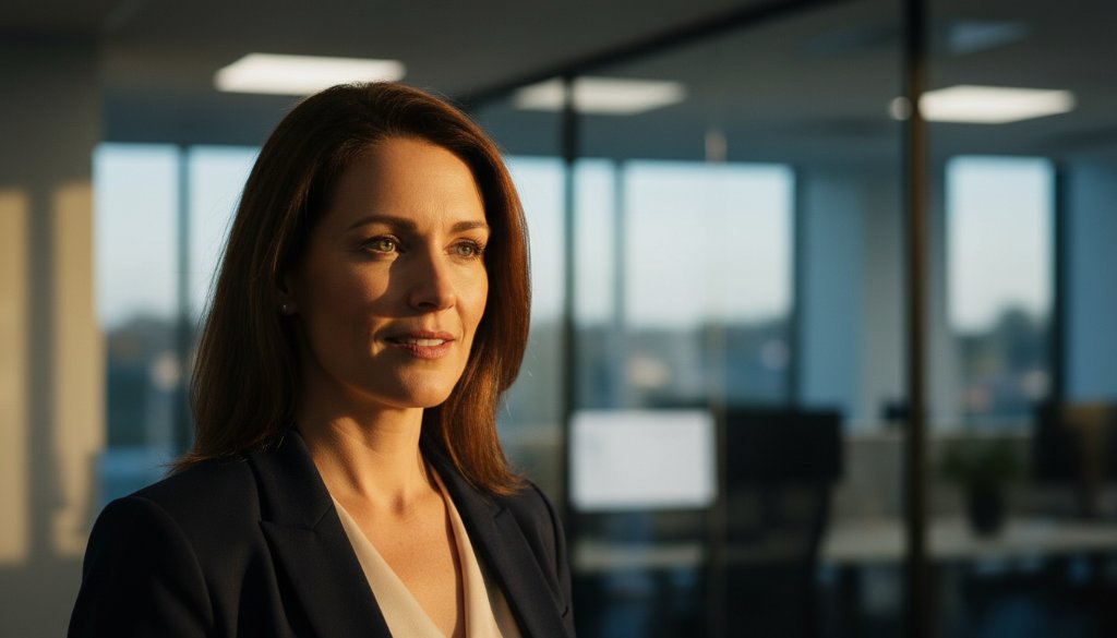 Professional Corporate Headshots Ringwood East Victoria: A dynamic, close-up portrait of a confident female executive in a modern Ringwood East office, bathed in dramatic golden hour light streaming from a window, emphasizing her determined expression and leadership presence. The composition is a cinematic, professional hero shot with deep shadows and vibrant highlights.