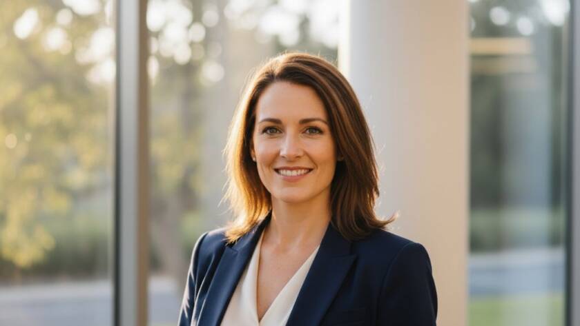 A dynamic, cinematic close-up of a confident business professional smiling warmly, set against a softly blurred, modern Ringwood East office backdrop with dappled late afternoon sunlight. This powerful image for professional corporate headshots Ringwood East Victoria conveys approachable authority.