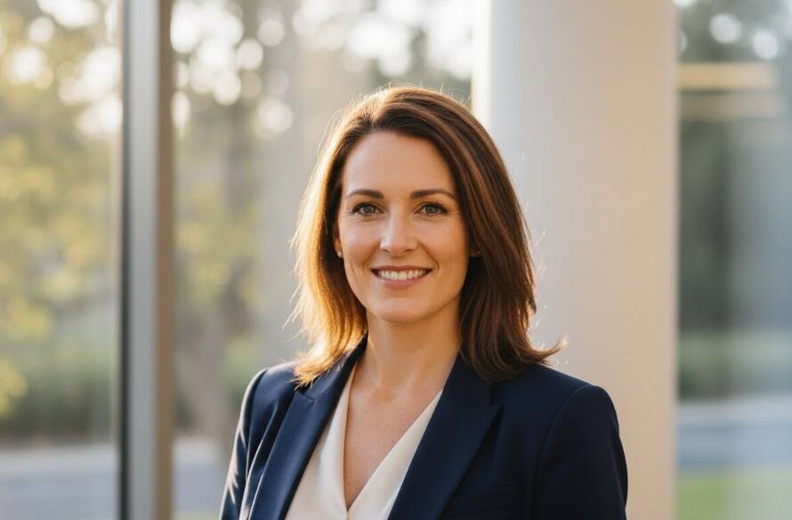 A dynamic, cinematic close-up of a confident business professional smiling warmly, set against a softly blurred, modern Ringwood East office backdrop with dappled late afternoon sunlight. This powerful image for professional corporate headshots Ringwood East Victoria conveys approachable authority.