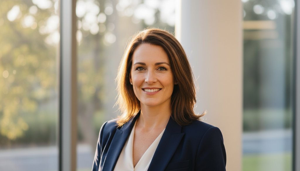A dynamic, cinematic close-up of a confident business professional smiling warmly, set against a softly blurred, modern Ringwood East office backdrop with dappled late afternoon sunlight. This powerful image for professional corporate headshots Ringwood East Victoria conveys approachable authority.