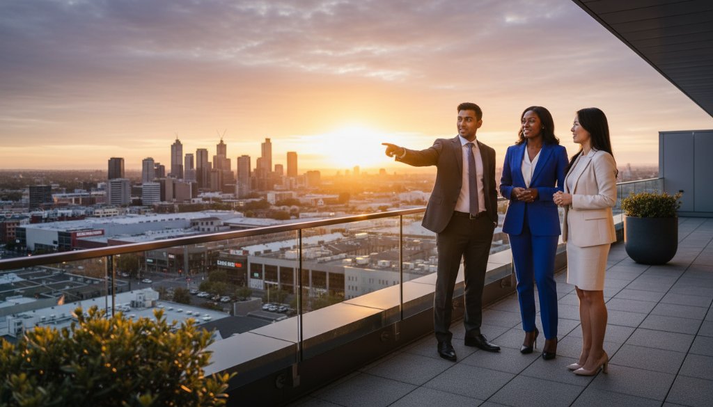 Dynamic, cinematic portrait of a confident business professional in Ringwood, Victoria, against a subtly blurred backdrop of the Eastland Shopping Centre precinct at dusk, illuminated by professional studio lighting with a soft key light and subtle rim lighting, capturing an 'epic moment' of determination and success, reflecting professional corporate headshots Ringwood Victoria quality.