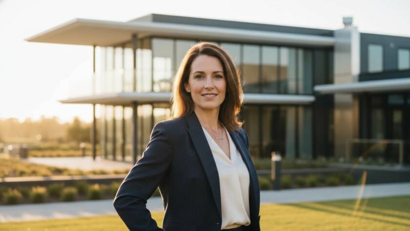 Dramatic professional corporate headshots in Sanctuary Lakes, Victoria, featuring a confident business professional against a modern architectural backdrop, illuminated by golden hour light, capturing a powerful and approachable image.