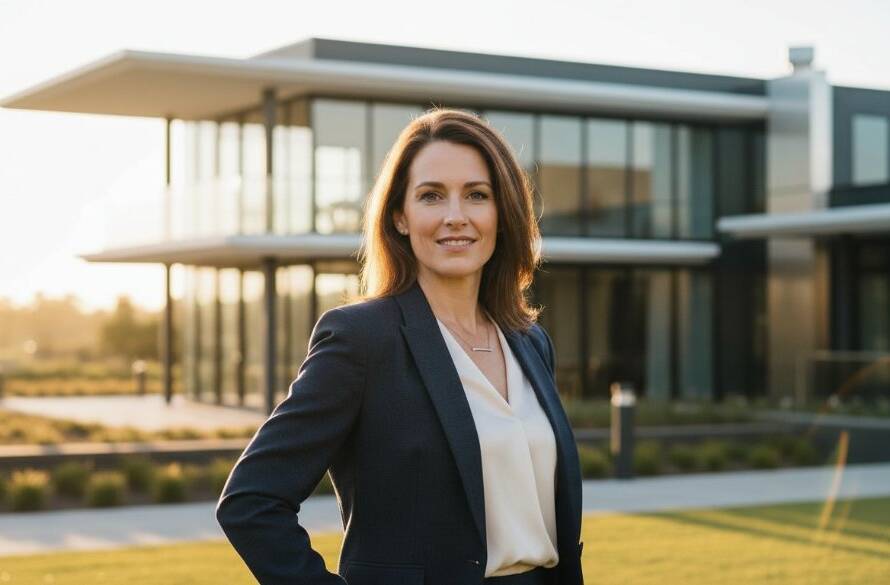 Dramatic professional corporate headshots in Sanctuary Lakes, Victoria, featuring a confident business professional against a modern architectural backdrop, illuminated by golden hour light, capturing a powerful and approachable image.