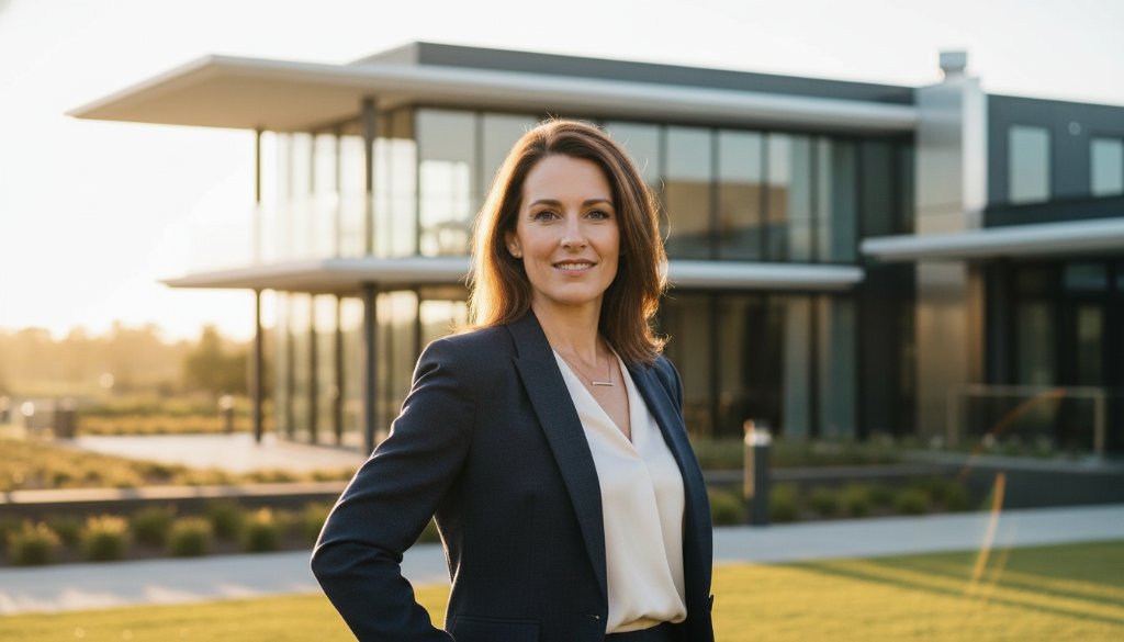 Dramatic professional corporate headshots in Sanctuary Lakes, Victoria, featuring a confident business professional against a modern architectural backdrop, illuminated by golden hour light, capturing a powerful and approachable image.