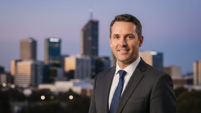 Dramatic, professionally colour-graded photograph of a successful business professional in Shepparton, confidently presenting their brand. The professional corporate headshots Shepparton businesses need are captured with modern elegance.