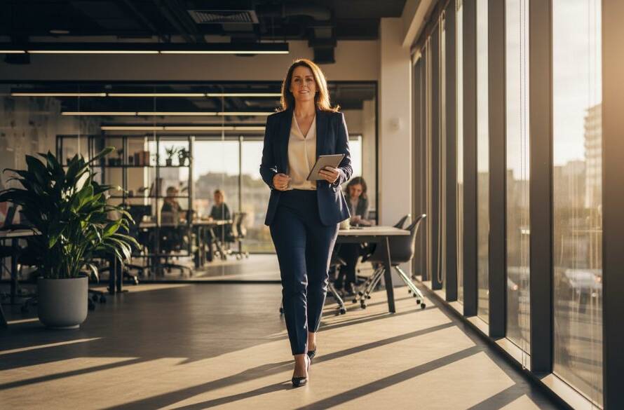 A dramatic, cinematic photograph capturing a successful business leader in South Kingsville, Victoria, mid-presentation, bathed in golden hour light streaming through a modern office window, reflecting confidence and authority, embodying the essence of professional corporate headshots South Kingsville.