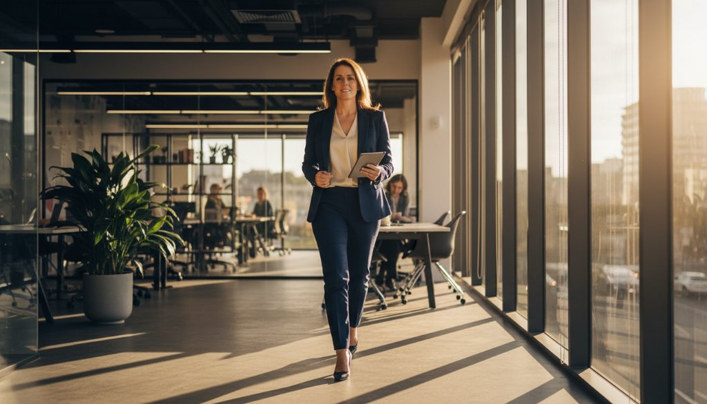 A dramatic, cinematic photograph capturing a successful business leader in South Kingsville, Victoria, mid-presentation, bathed in golden hour light streaming through a modern office window, reflecting confidence and authority, embodying the essence of professional corporate headshots South Kingsville.