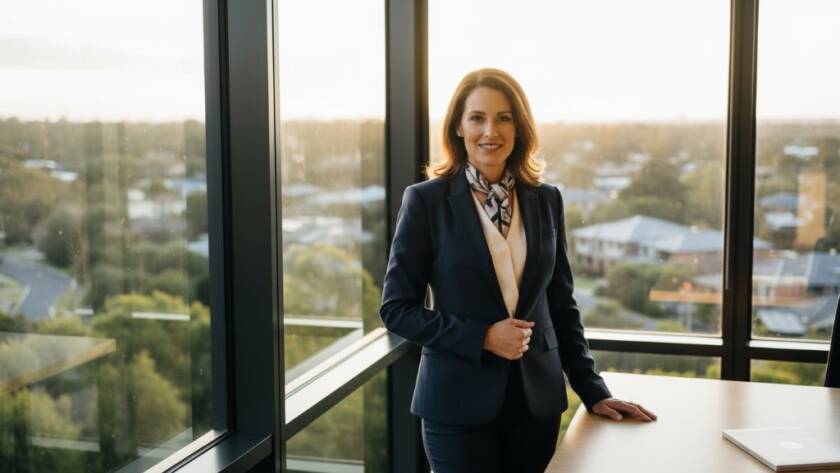 A dynamic, dramatic wide-angle shot of a successful business leader in Templestowe, captured during professional corporate headshots Templestowe businesses rely on. The subject stands confidently in a modern office, bathed in soft, professional studio lighting, with a blurred Templestowe cityscape subtly visible through a large window, conveying ambition and local connection.