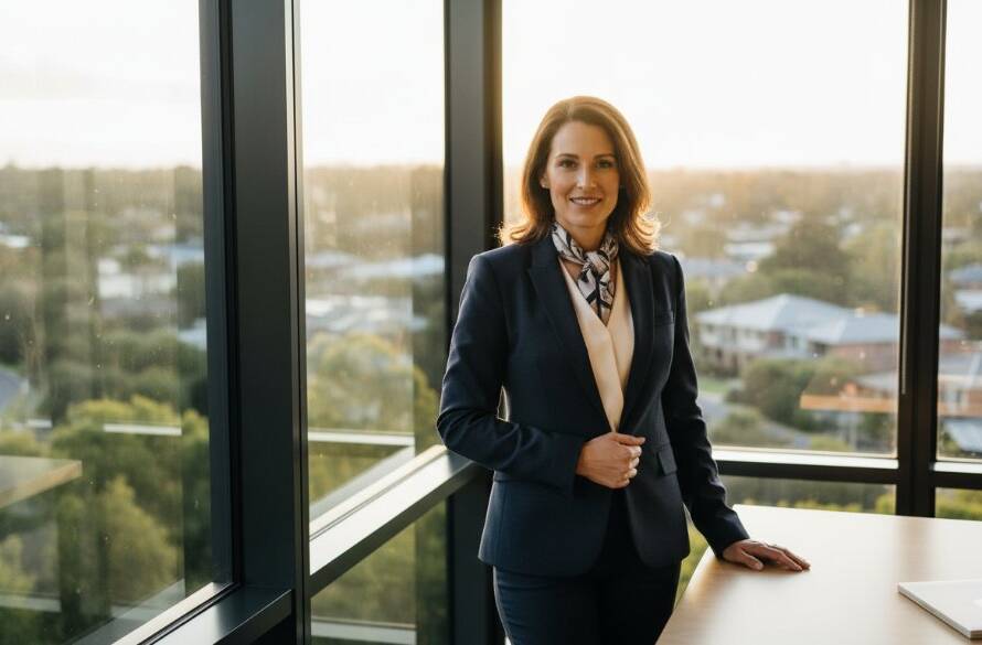 A dynamic, dramatic wide-angle shot of a successful business leader in Templestowe, captured during professional corporate headshots Templestowe businesses rely on. The subject stands confidently in a modern office, bathed in soft, professional studio lighting, with a blurred Templestowe cityscape subtly visible through a large window, conveying ambition and local connection.