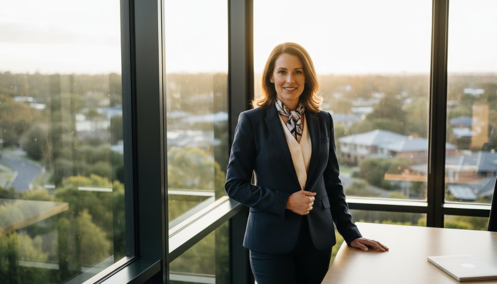 A dynamic, dramatic wide-angle shot of a successful business leader in Templestowe, captured during professional corporate headshots Templestowe businesses rely on. The subject stands confidently in a modern office, bathed in soft, professional studio lighting, with a blurred Templestowe cityscape subtly visible through a large window, conveying ambition and local connection.