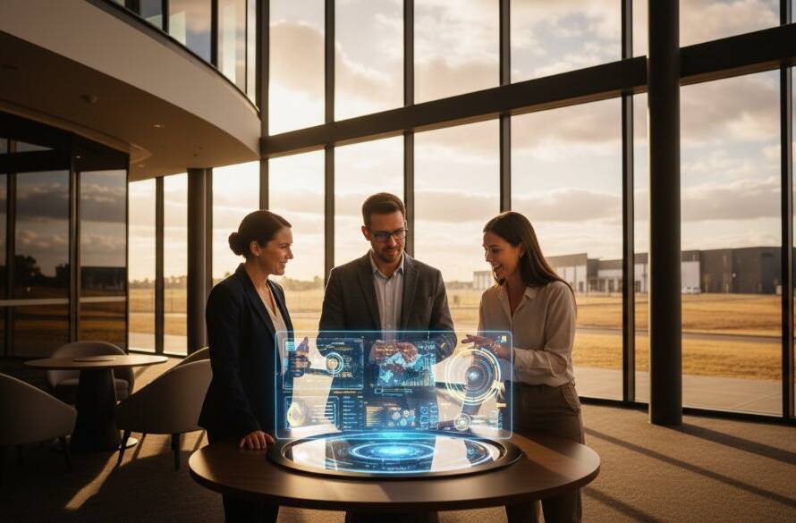An inspiring, high-angle shot capturing professional corporate headshots Truganina Victoria for modern businesses, featuring a diverse team smiling confidently in a sleek, modern Truganina office atrium, bathed in dramatic golden hour light, symbolizing success and collaboration. The scene is professionally colour-graded, exuding a cinematic and dynamic feel.