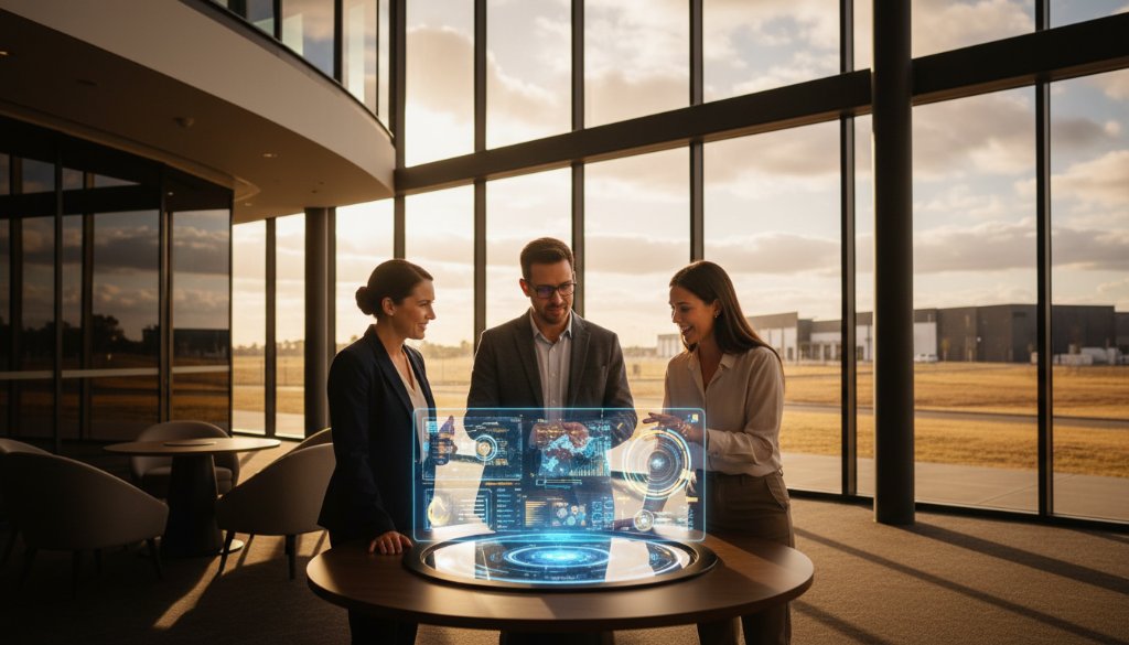 An inspiring, high-angle shot capturing professional corporate headshots Truganina Victoria for modern businesses, featuring a diverse team smiling confidently in a sleek, modern Truganina office atrium, bathed in dramatic golden hour light, symbolizing success and collaboration. The scene is professionally colour-graded, exuding a cinematic and dynamic feel.