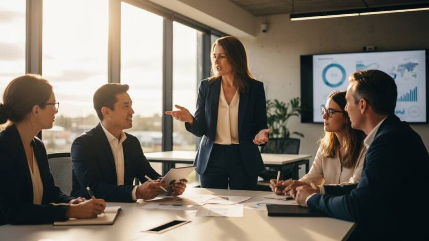 Professional corporate headshots Wantirna businesses: A dynamic, dramatically lit shot of a diverse group of business professionals in Wantirna, Victoria, collaborating enthusiastically in a modern office, capturing an epic moment of innovation and teamwork with a cinematic feel.