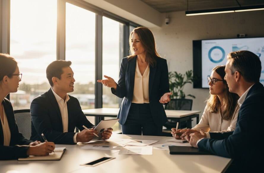 Professional corporate headshots Wantirna businesses: A dynamic, dramatically lit shot of a diverse group of business professionals in Wantirna, Victoria, collaborating enthusiastically in a modern office, capturing an epic moment of innovation and teamwork with a cinematic feel.