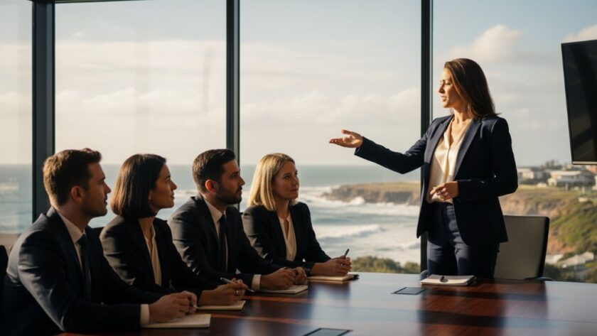 Dramatic, cinematic photograph capturing an executive delivering a powerful presentation in a modern Warrnambool office, showcasing their confidence and professionalism, ideal for professional corporate headshots Warrnambool businesses.